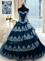 Suitable Navy Blue 15th Birthday Dress Military Ball and Sweet 16 and Quinceanera with Beading and Appliques and Ruffled Layers Sweetheart Sleeveless Court Train Lace Up
