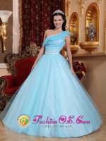 Stylish Light Blue Princess Quinceanera Dress For Sweet 16 With One Shoulder Neckline In Lenexa Kansas/KS