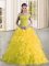 Off The Shoulder Sleeveless Quinceanera Gowns Sweep Train Beading and Lace and Ruffles Yellow Organza