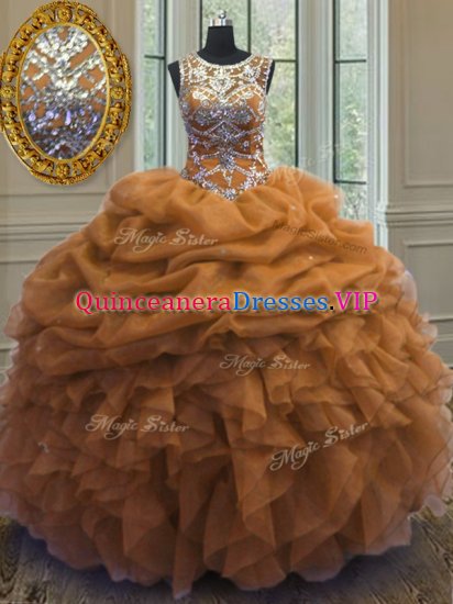 Brown 15 Quinceanera Dress Military Ball and Sweet 16 and Quinceanera with Beading and Ruffles and Pick Ups Scoop Sleeveless Lace Up - Click Image to Close
