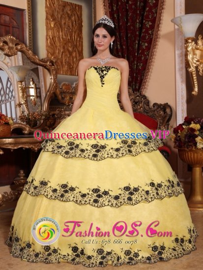 Port Arthur TX Classical Custom Made Light Yellow Ruffles Layered Quinceanera Dress With Appliques and Ruch In Spring. - Click Image to Close