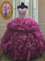 Beading and Ruffles Vestidos de Quinceanera Fuchsia Lace Up Sleeveless Floor Length