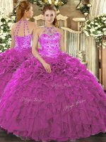 Beauteous Floor Length Lace Up Quinceanera Dresses Fuchsia for Military Ball and Sweet 16 and Quinceanera with Beading and Embroidery and Ruffles(SKU SJQDDT1280002BIZ)