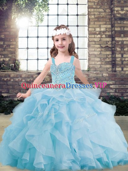 Light Blue Sleeveless Tulle Lace Up Kids Formal Wear for Party and Military Ball and Wedding Party - Click Image to Close