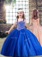 Royal Blue Tulle Lace Up Pageant Dress Sleeveless Floor Length Beading