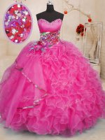 Admirable Hot Pink Lace Up 15th Birthday Dress Beading and Ruffles Sleeveless Floor Length