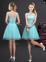 Glorious Scoop Aqua Blue Sleeveless Lace and Appliques and Belt Mini Length Dama Dress for Quinceanera(SKU BMT0206CBIZ)