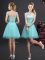 Glorious Scoop Aqua Blue Sleeveless Lace and Appliques and Belt Mini Length Dama Dress for Quinceanera