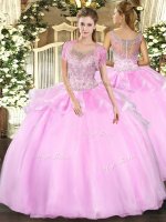 Unique Baby Pink Quince Ball Gowns Military Ball and Sweet 16 and Quinceanera with Beading and Ruffles Scoop Sleeveless Clasp Handle