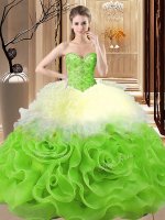 Romantic Sleeveless Fabric With Rolling Flowers Floor Length Lace Up 15th Birthday Dress in Multi-color with Beading and Ruffles