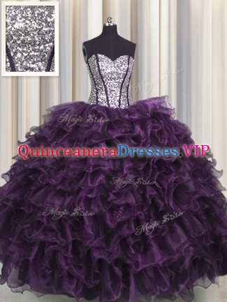 Spectacular Visible Boning Organza and Sequined Sleeveless Floor Length 15 Quinceanera Dress and Ruffles and Sequins