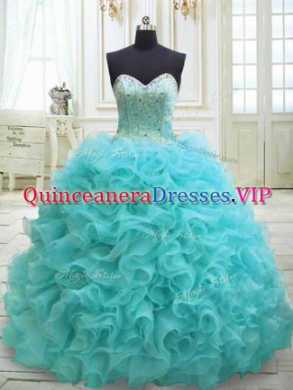 Artistic Organza Sweetheart Sleeveless Sweep Train Lace Up Beading and Ruffles Quinceanera Dress in Aqua Blue