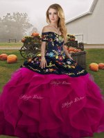 Dramatic Embroidery and Ruffles Sweet 16 Quinceanera Dress Fuchsia Lace Up Sleeveless Floor Length