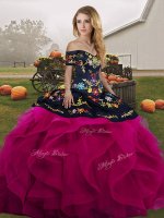 Dramatic Embroidery and Ruffles Sweet 16 Quinceanera Dress Fuchsia Lace Up Sleeveless Floor Length(SKU SJQDDT2153002-3BIZ)