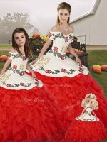 Suitable Off The Shoulder Sleeveless Organza 15th Birthday Dress Embroidery and Ruffles Lace Up