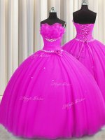 Stunning Handcrafted Flower Fuchsia Strapless Lace Up Beading and Sequins and Hand Made Flower Sweet 16 Dresses Sleeveless(SKU PSSW0431-3BIZ)