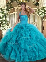High Class Floor Length Teal Vestidos de Quinceanera Halter Top Sleeveless Lace Up(SKU SJQDDT1646002-1BIZ)