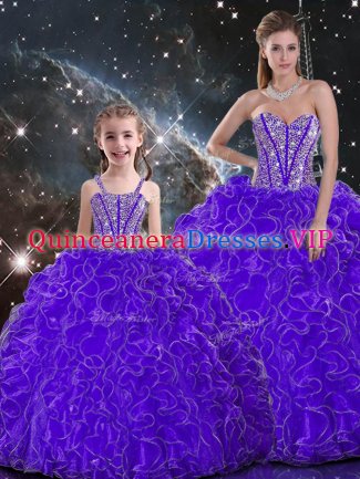 Exceptional Sweetheart Sleeveless Quince Ball Gowns Floor Length Beading and Ruffles Purple Organza