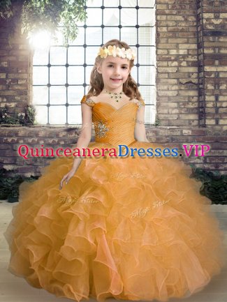 Orange Pageant Gowns Party and Wedding Party with Beading and Ruffles Straps Sleeveless Lace Up