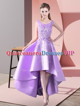 Traditional Satin Sleeveless High Low Quinceanera Court Dresses and Lace