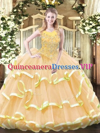 Gold Organza Zipper Scoop Sleeveless Floor Length Ball Gown Prom Dress Beading and Ruffled Layers