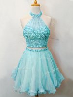 Exceptional Aqua Blue Lace Up Halter Top Beading Dama Dress Organza Sleeveless