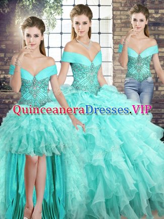 Customized Aqua Blue Three Pieces Off The Shoulder Sleeveless Organza Brush Train Lace Up Beading and Ruffles Sweet 16 Dresses