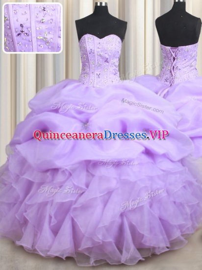 Lavender Lace Up Sweetheart Beading and Ruffles and Pick Ups 15th Birthday Dress Organza Sleeveless - Click Image to Close