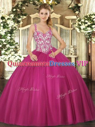 Delicate Mermaid Quinceanera Gown Fuchsia Straps Tulle Sleeveless Floor Length Lace Up