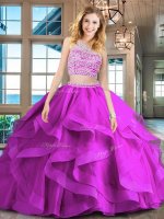 Deluxe Scoop Backless Fuchsia Sleeveless Brush Train Beading and Ruffles With Train Quinceanera Dresses