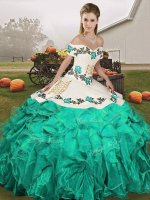 Turquoise Sleeveless Embroidery and Ruffles Floor Length Sweet 16 Dresses