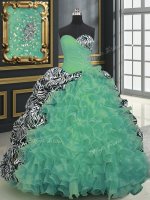 Green Organza and Printed Lace Up Sweetheart Sleeveless With Train Sweet 16 Quinceanera Dress Brush Train Beading and Ruffles and Pattern