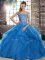 Blue Tulle Lace Up 15th Birthday Dress Sleeveless Brush Train Beading and Ruffles