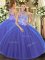 Great Sleeveless Tulle Floor Length Lace Up Sweet 16 Dress in Blue with Embroidery