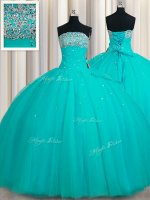 Smart Strapless Sleeveless Tulle Quinceanera Dress Beading and Sequins Lace Up
