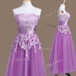 Empire Damas Dress Purple Strapless Tulle Sleeveless Tea Length Lace Up