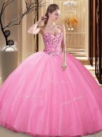 Rose Pink Tulle Lace Up Sweetheart Sleeveless Floor Length 15th Birthday Dress Embroidery