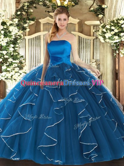 Comfortable Blue Lace Up Strapless Ruffles Quinceanera Gown Tulle Sleeveless - Click Image to Close