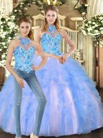 Multi-color Halter Top Neckline Embroidery and Ruffles Quinceanera Gowns Sleeveless Lace Up