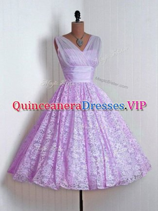 Comfortable Lilac Court Dresses for Sweet 16 Prom and Party and Wedding Party with Lace V-neck Sleeveless Lace Up