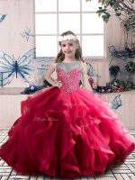 Beauteous Sleeveless Tulle Floor Length Lace Up Pageant Gowns For Girls in Coral Red with Beading and Ruffles(SKU PAG1199-5BIZ)