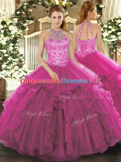 Most Popular Halter Top Sleeveless 15 Quinceanera Dress Floor Length Beading Fuchsia Organza - Click Image to Close