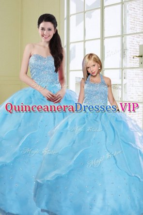 Designer Baby Blue Sleeveless Floor Length Beading and Sequins Lace Up Sweet 16 Dresses