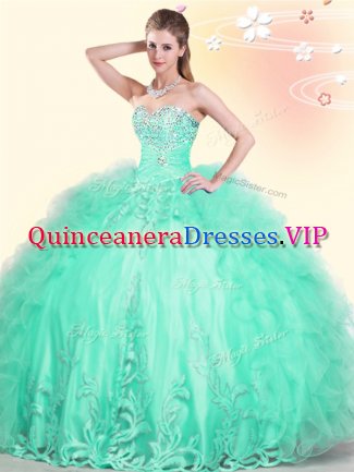 Hot Selling Sweetheart Sleeveless Quince Ball Gowns Floor Length Beading and Appliques and Ruffles Apple Green Tulle