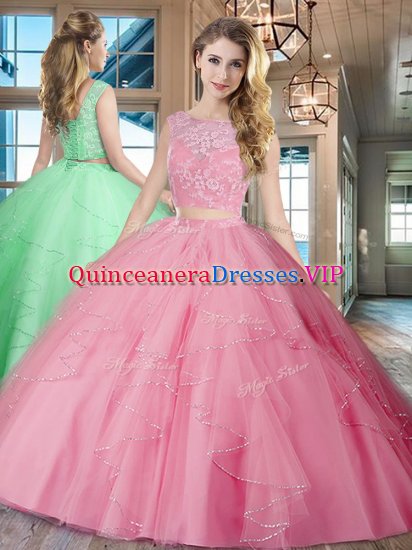 Pretty Tulle Bateau Sleeveless Brush Train Lace Up Lace and Ruffles 15th Birthday Dress in Rose Pink - Click Image to Close