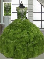 Olive Green Scoop Neckline Beading and Ruffles 15th Birthday Dress Sleeveless Lace Up