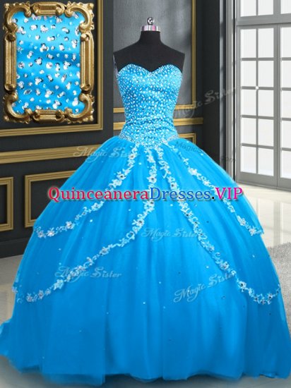 Custom Design Sweetheart Sleeveless 15 Quinceanera Dress With Brush Train Beading and Appliques Aqua Blue Tulle - Click Image to Close