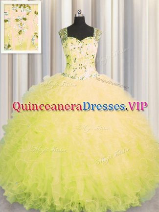See Through Zipper Up Floor Length Ball Gowns Sleeveless Yellow 15th Birthday Dress Zipper
