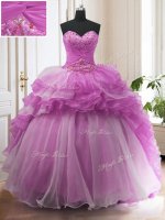 Lilac Organza Lace Up Sweetheart Sleeveless With Train Quince Ball Gowns Sweep Train Beading and Ruffled Layers