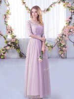 Tulle V-neck Half Sleeves Side Zipper Lace and Belt Dama Dress for Quinceanera in Lavender(SKU BMT0387D-1BIZ)